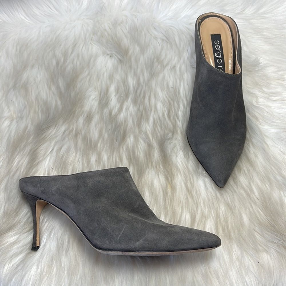 Sergio Rossi Godiva Grey Suede High Heel Mules Sz 38.5/7